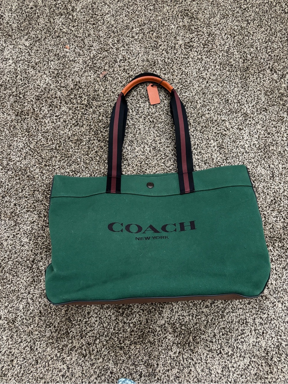 Coach Green Canvas Tote with Black Logo and Striped Handles